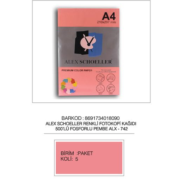 Alex Schoeller Renkli Kağıt 500 LÜ A4 75 GR Fosforlu Pembe ALX-742
