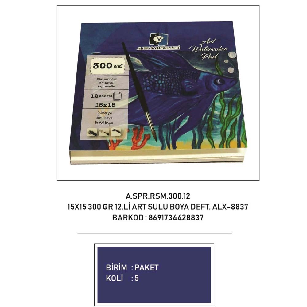 Alex Schoeller Art Sulu Boya Defteri 15x15 300 GR 12 Li ALX-8837