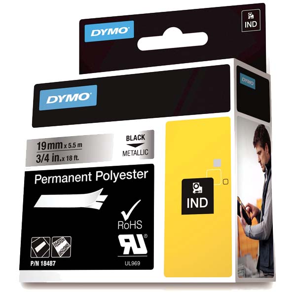Dymo Rhinopro Sabitpolyester 19 MMx5.5 M Metalik Gri/Siyah 18787