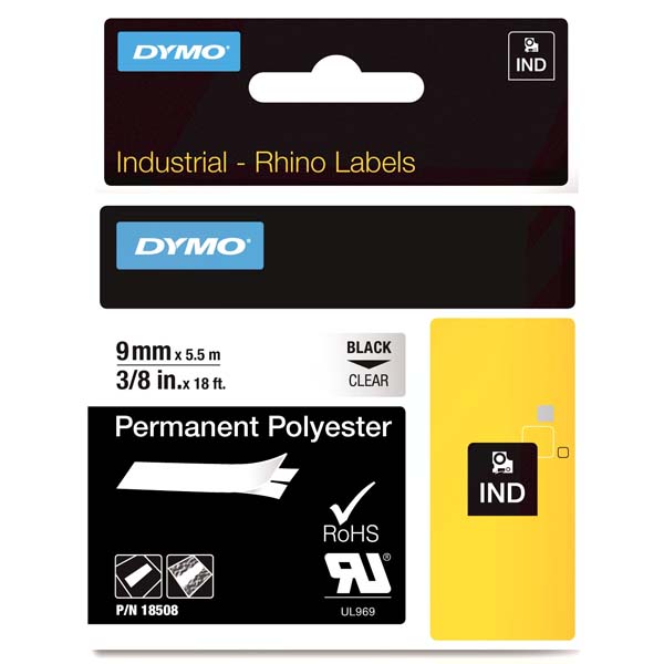 Dymo RhinoPRO SabitPolyester Şerit 9 MMx5,5 M Şeffaf/Siyah 18508