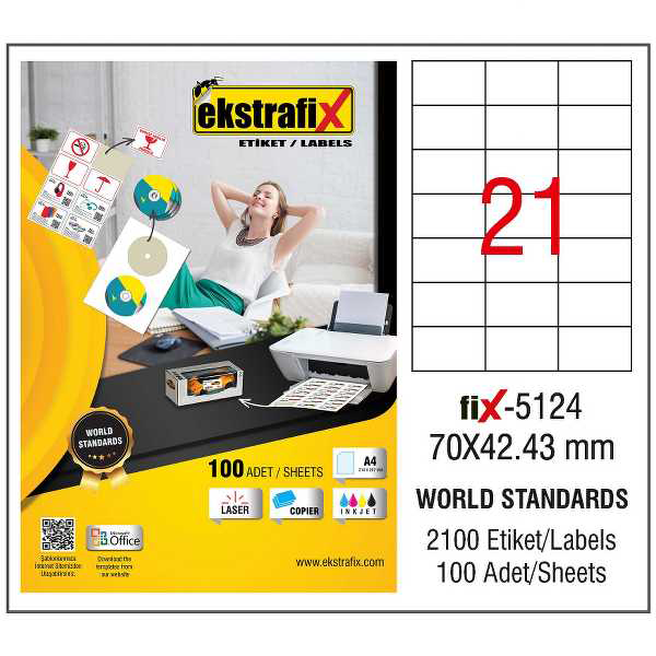 Ekstrafix Laser Etiket 100 YP 70x42.43 Laser-Copy-Inkjet FİX-5124