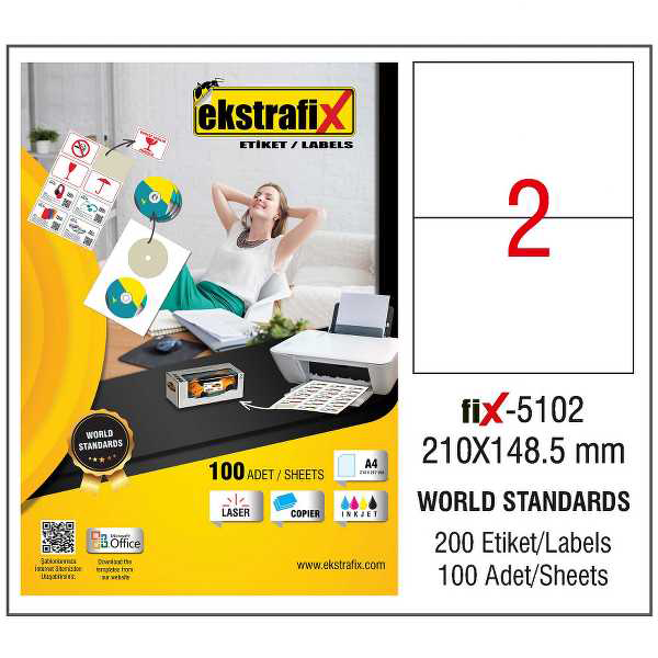 Ekstrafix Laser Etiket 100 YP 210x148.5 Laser-Copy-Inkjet FİX-5102