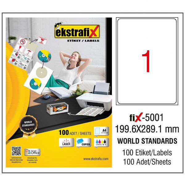 Ekstrafix Laser Etiket 199.6x289.1 Laser-Copy-Inkjet Fix-5001