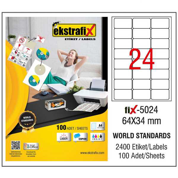 Ekstrafix Laser Etiket 100 YP 64x34 Laser-Copy-Inkjet FİX-5024