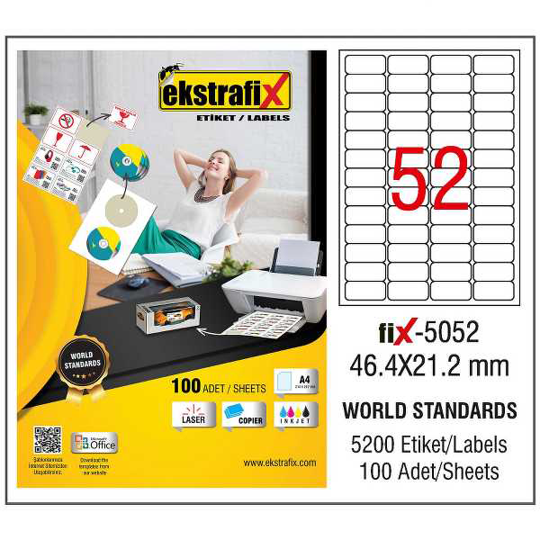 Ekstrafix Laser Etiket 46.4x21.2 Laser-Copy-Inkjet Fix-5052
