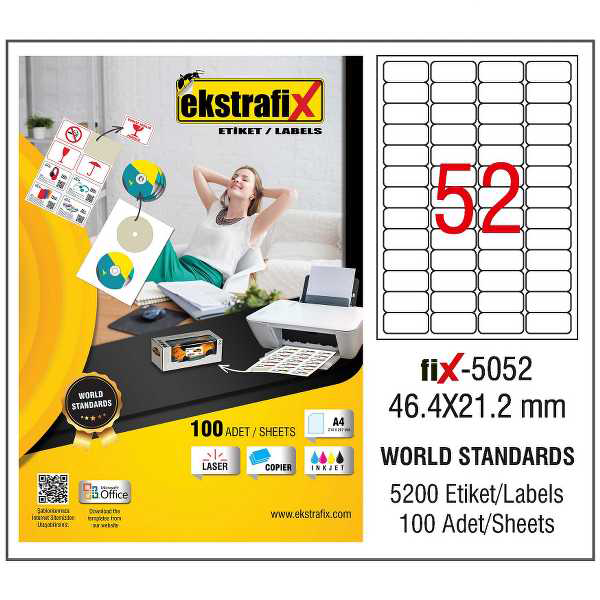 Ekstrafix Laser Etiket 100 YP 46.4x21.2 Laser-Copy-Inkjet FİX-5052