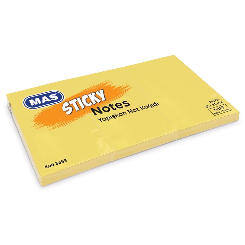 Mas Yapışkanlı Not Kağıdı 3 Blok 100 SY 35x51 Pastel Sarı 3653