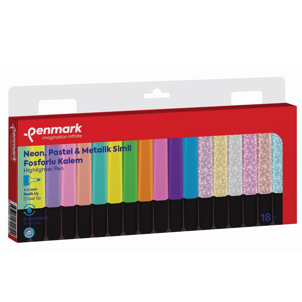 Penmark Fosforlu Kalem 18 Li Karışık Renk 6 Neon+6 Pastel+ 6 Simli
