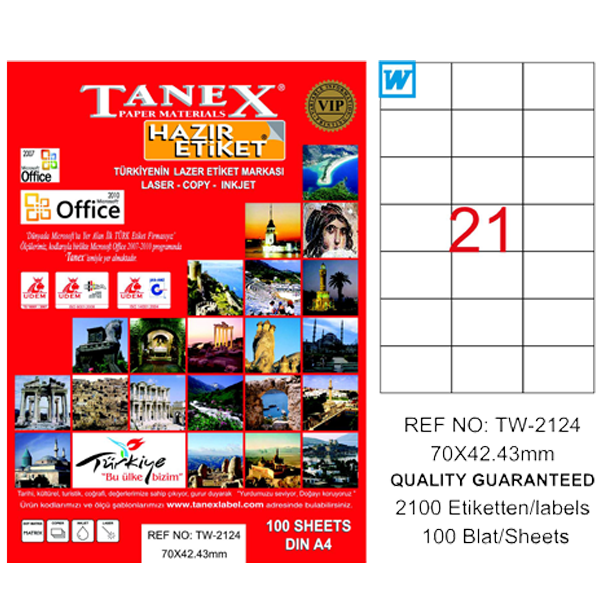 Tanex Laser Etiket 100 YP 70x42.43 Laser-Copy-Inkjet TW-2124