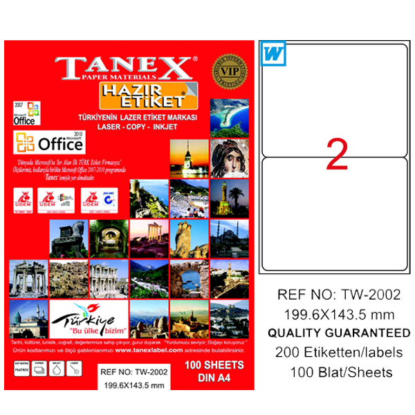 Tanex Laser Etiket 100 YP 199.6x143.5 Laser-Copy-Inkjet TW-2002