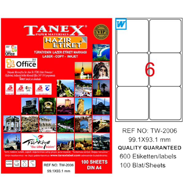 Tanex Laser Etiket 100 Yp 99.1x93.1 Laser-Copy-Inkjet TW-2006