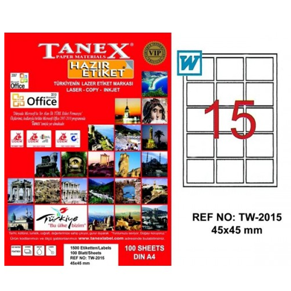 Tanex Laser Etiket 100 YP 45x45 MM Laser-Copy-Inkjet TW-2015