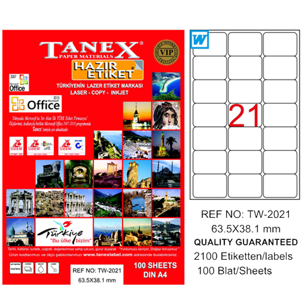 Tanex Laser Etiket 100 YP 63x38 MM Laser-Copy-Inkjet TW-2021