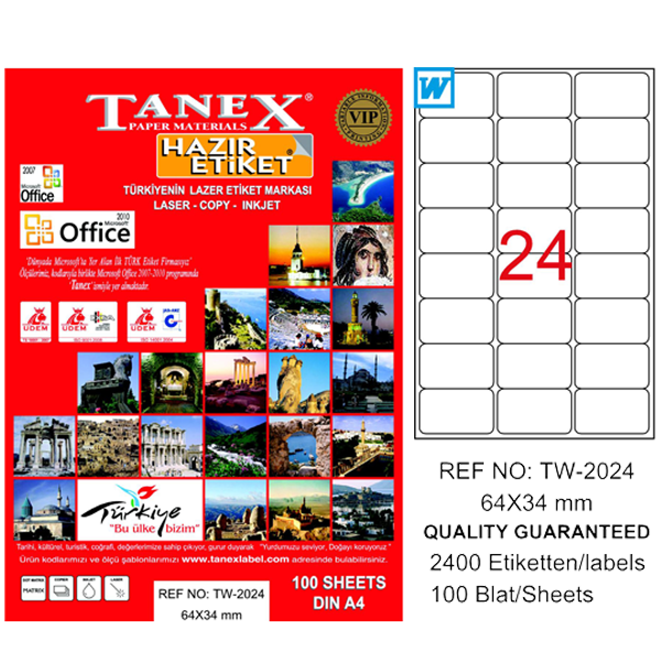 Tanex Laser Etiket 100 YP 64x34 Laser-Copy-Inkjet TW-2024