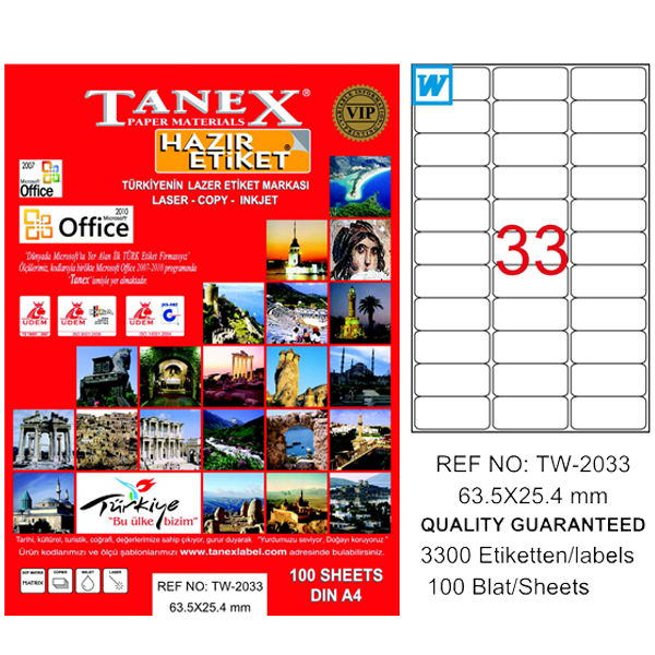 Tanex Laser Etiket 100 YP 63.5x25.4 Laser-Copy-Inkjet TW-2033