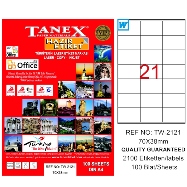 Tanex Laser Etiket 100 YP 70x38 Laser-Copy-Inkjet TW-2121
