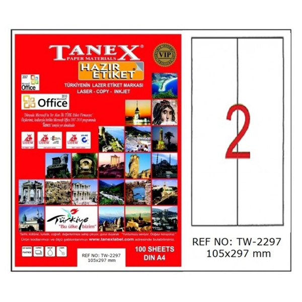 Tanex Laser Etiket 100 YP 105x297 Laser-Copy-Inkjet TW-2297