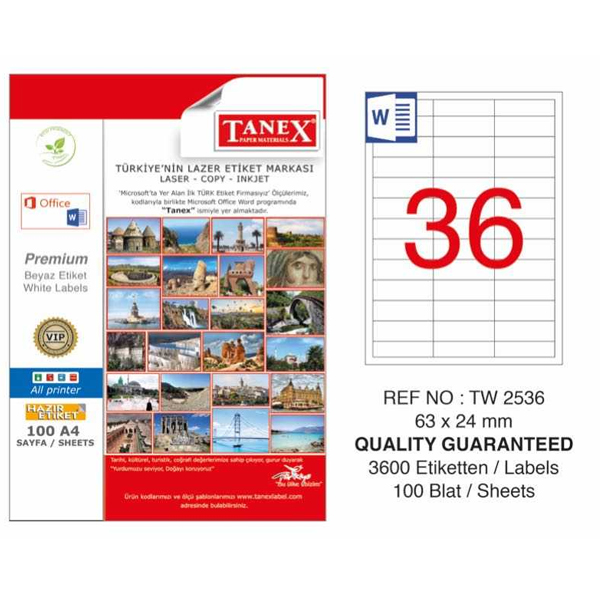 Tanex Laser Etiket 100 YP 63x24 Laser-Copy-Inkjet TW-2536