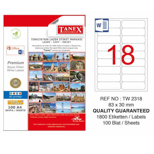 Tanex Laser Etiket 100 YP 83x30 Laser-Copy-Inkjet TW-2318