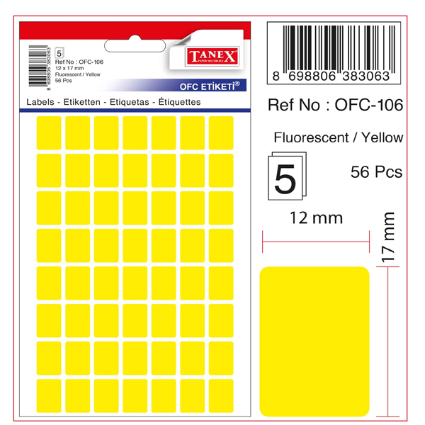 Tanex Ofis Etiketi Poşetli 12x30 MM Fosforlu Sarı OFC-107