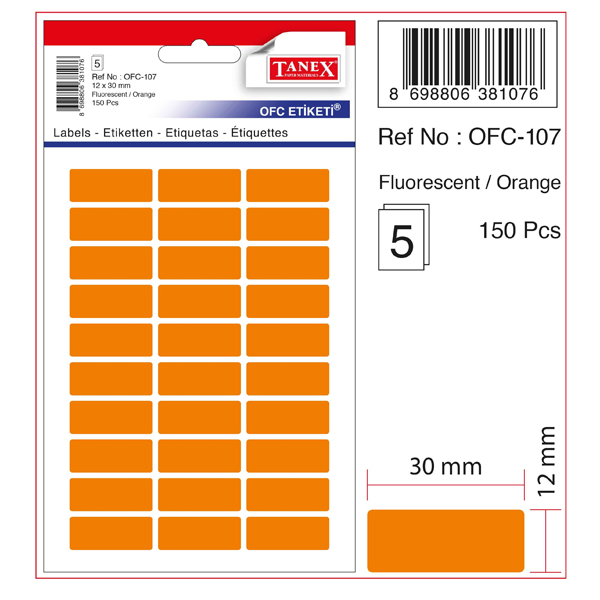 Tanex Ofis Etiketi Poşetli 12x30 MM Fosforlu Turuncu OFC-107