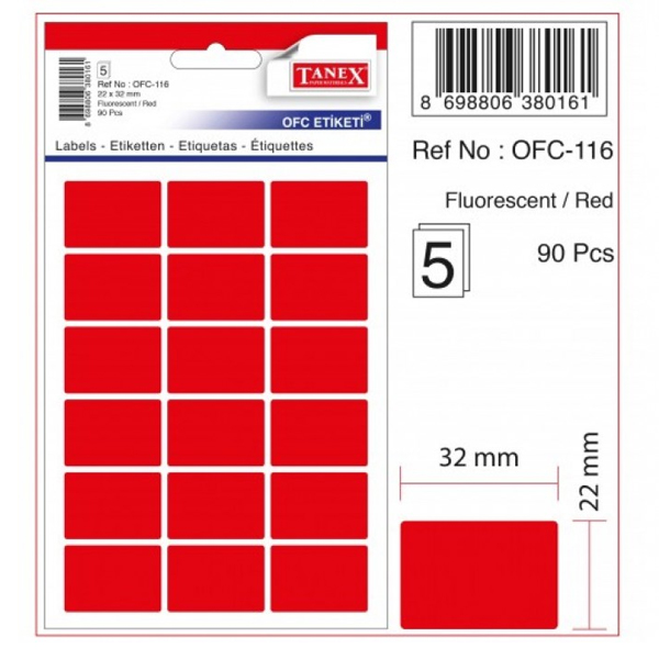 Tanex Ofis Etiketi Poşetli 22x32 MM Fosforlu Kırmızı OFC-116