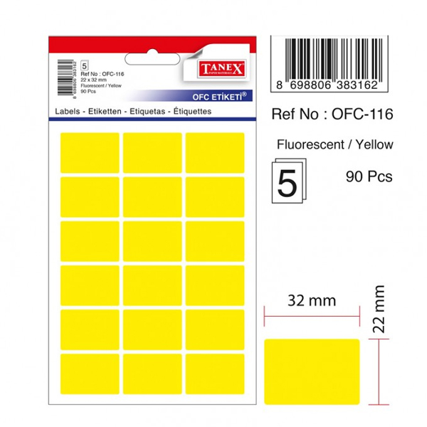 Tanex Ofis Etiketi Poşetli 22x32 MM Fosforlu Sarı Ofc-116