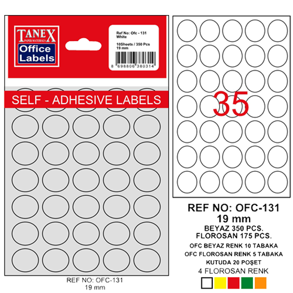 Tanex Ofis Etiketi Poşetli Yuvarlak 19 MM Beyaz OFC-131