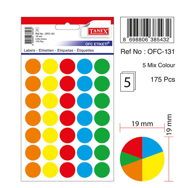 Tanex Ofis Etiketi Poşetli Yuvarlak 19 MM Mix Color OFC-131