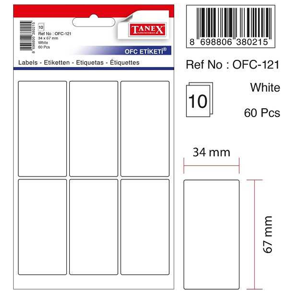 Tanex Ofis Etiketi Poşetli 34x67 MM Beyaz OFC-121